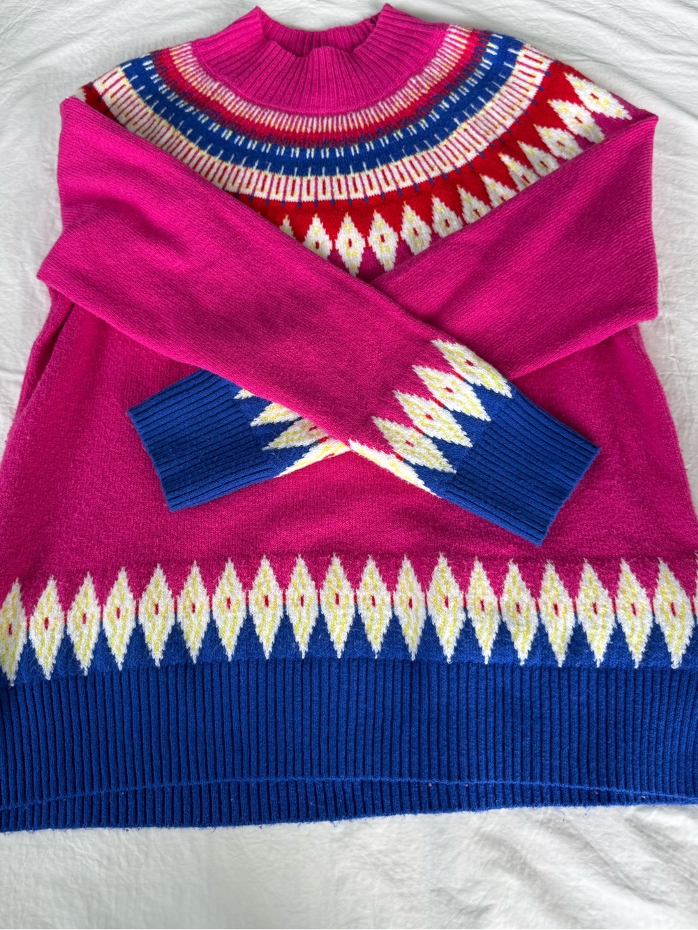 Charter Club Bright Fuchsia Fair Isle Turtleneck Sweater with Blue Trim